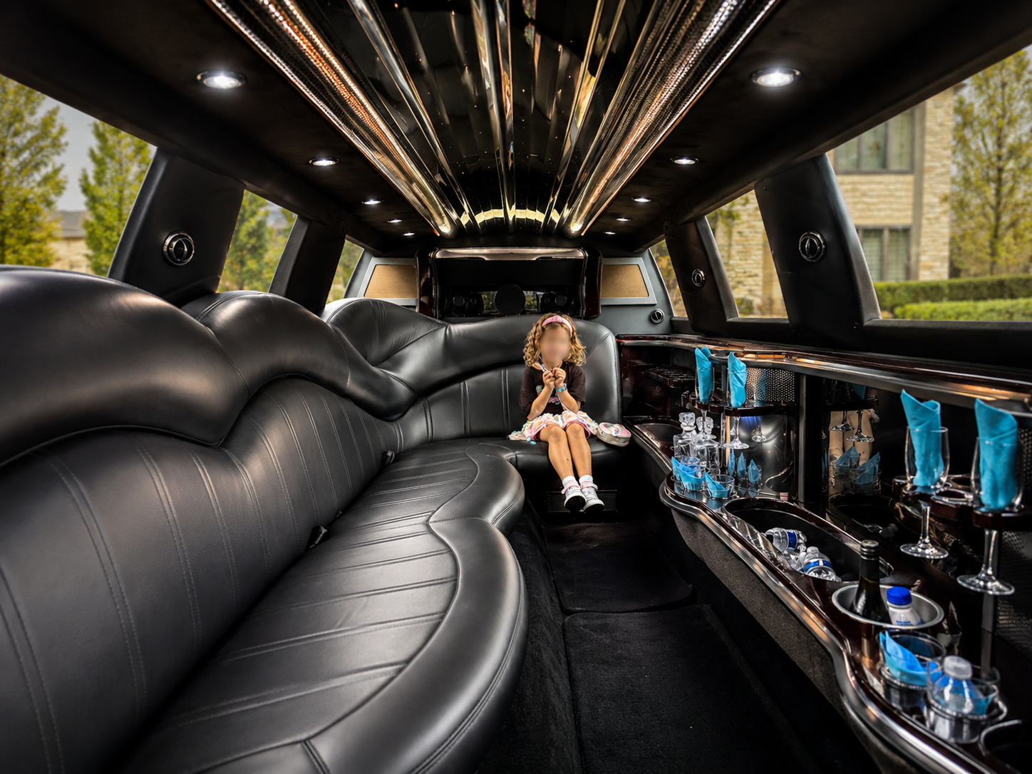 Stretch limousine interior with passenger face blurred for privacy